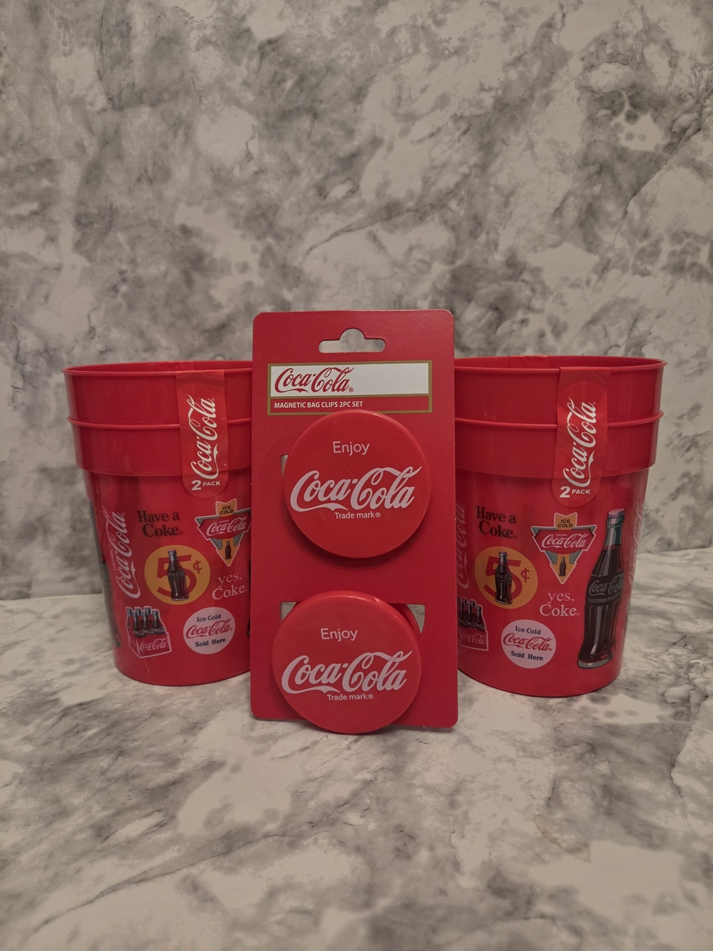Coca Cola Set - 2 Pack Cups and Magnetic Bag Clups 2 Piece Set